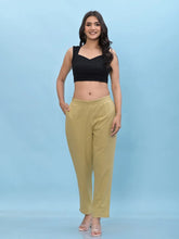 Women Olive Solid Cotton Pants with Partially Elasticated Waistband and Two Side Pockets-J4958OT9OLIVE